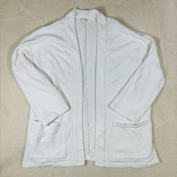 Eileen Fisher White French Terry High Collar Open Front Cardigan Women’s Large - Picture 1 of 7